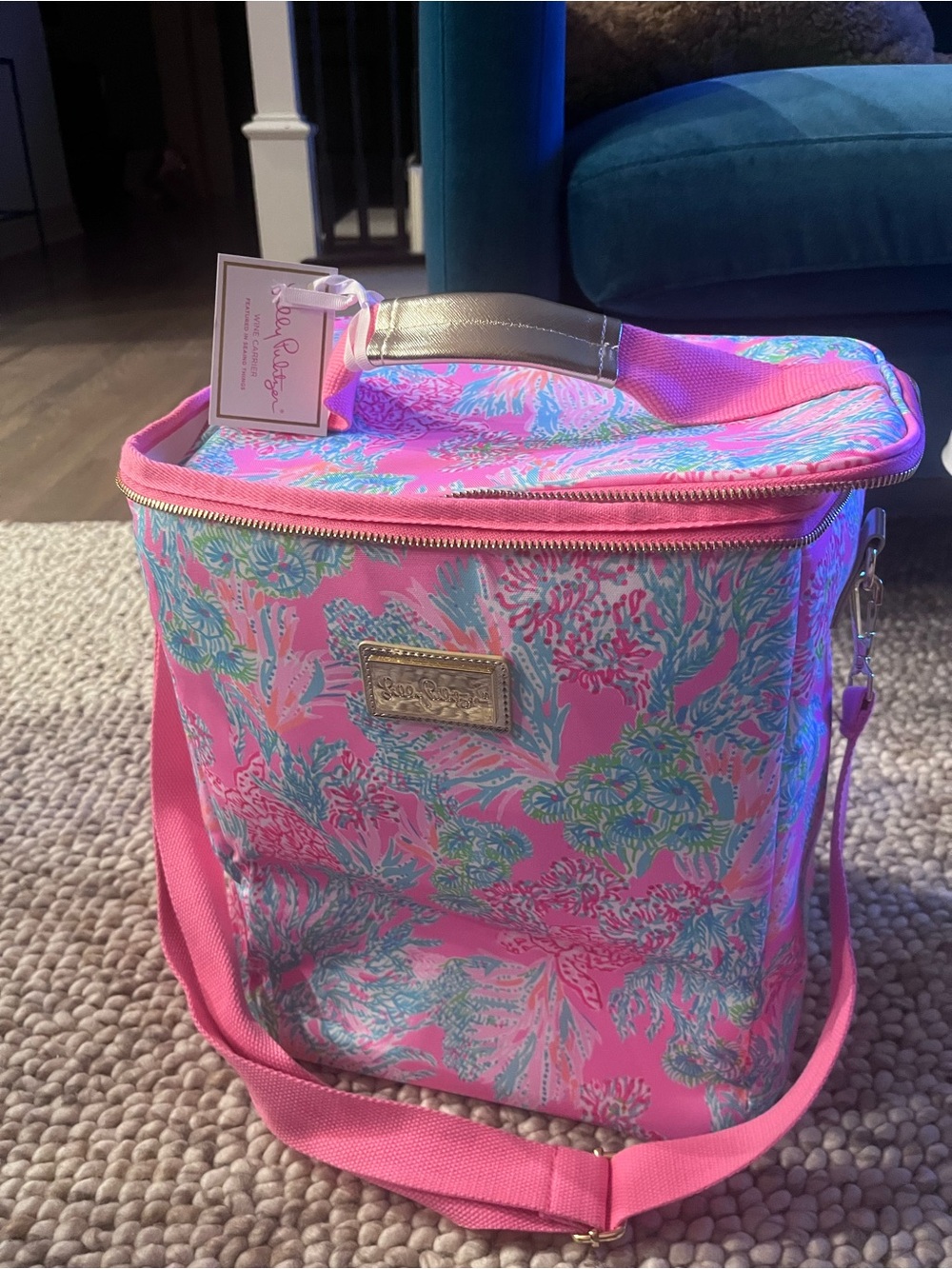 Lilly Pulitzer Pink Aqua Floral Insulated Cooler Wine Bag Tote